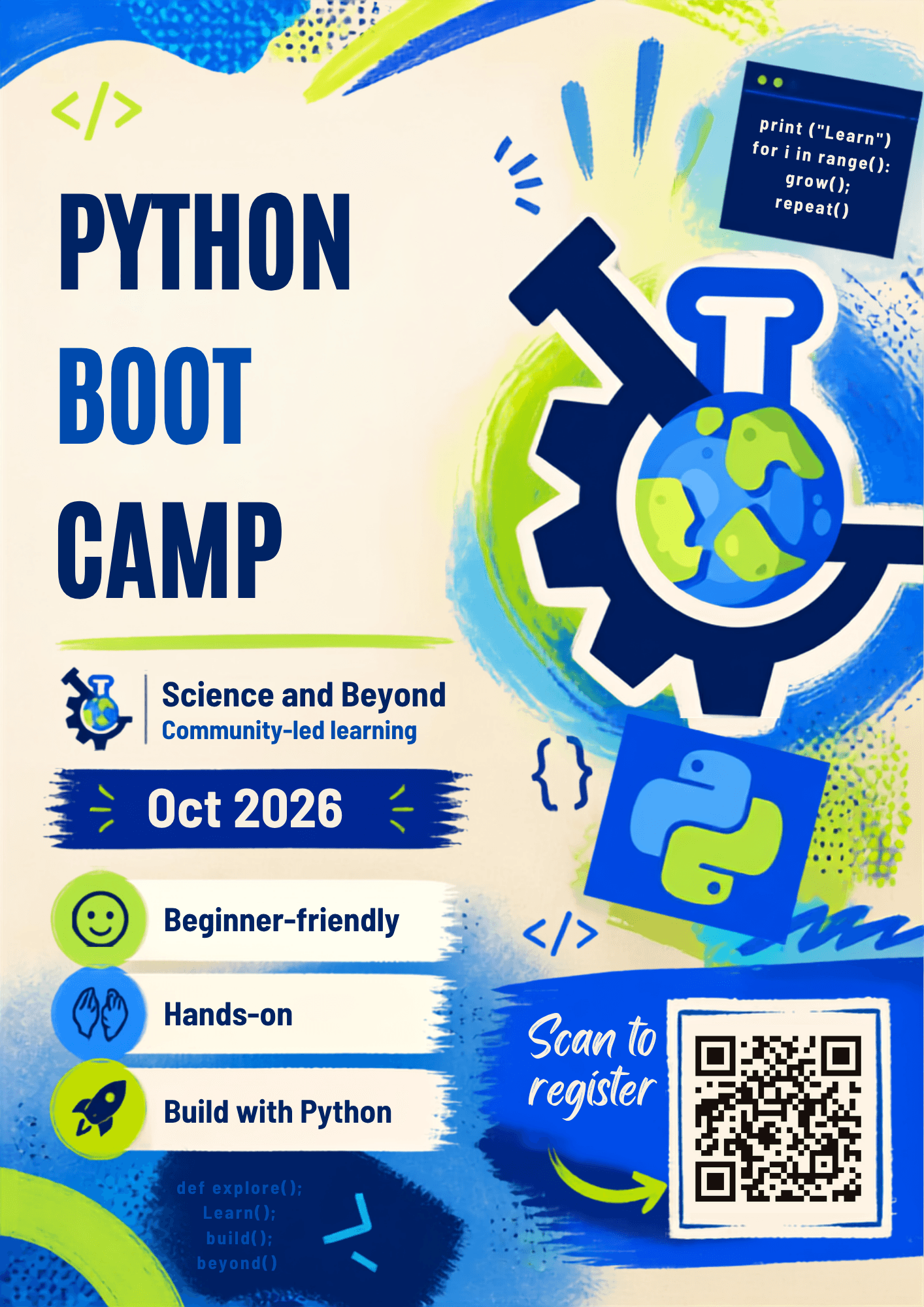 Python Boot Camp, October 2026. Beginner-friendly, hands-on, build with Python.